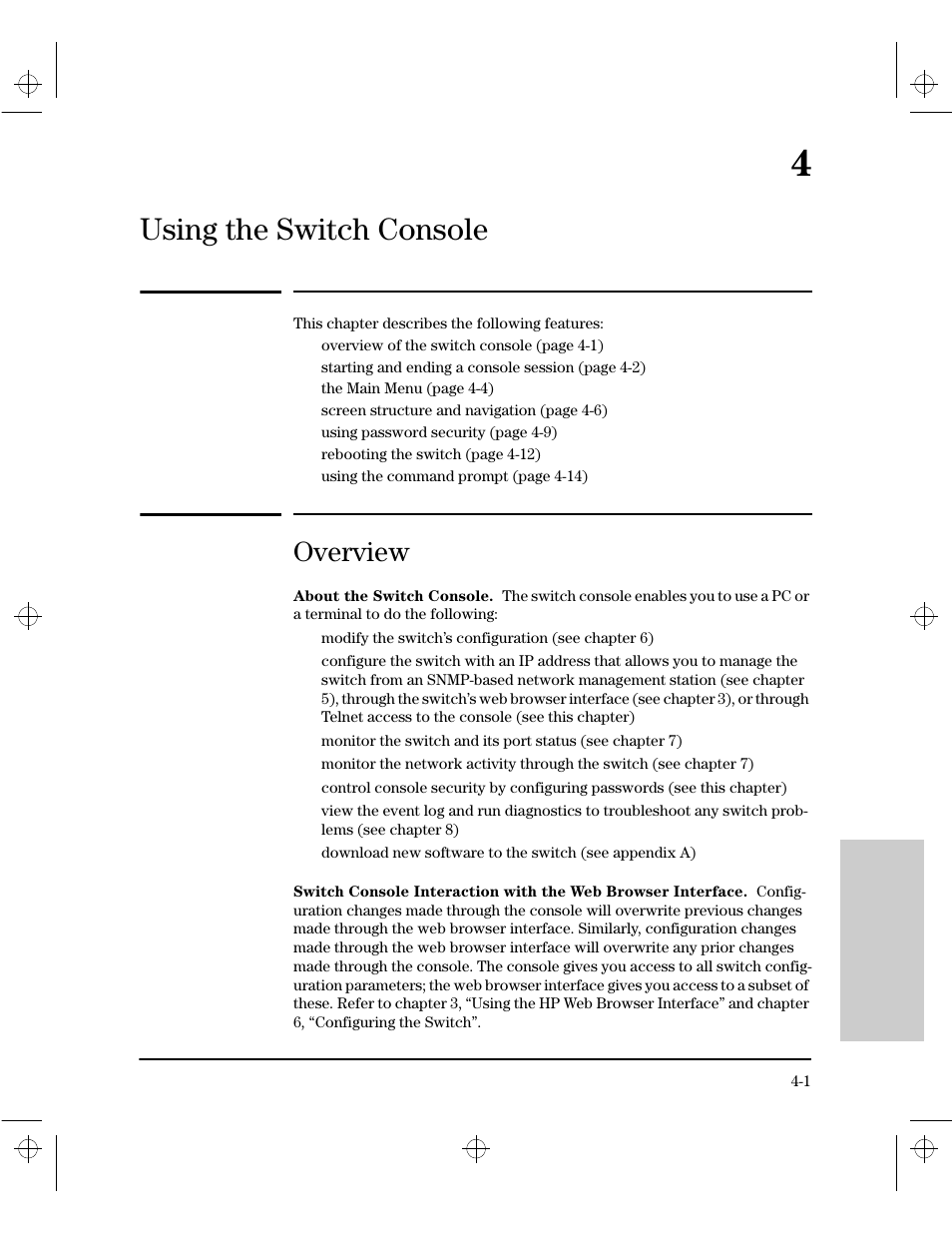 Chapter 4: using the switch console, Overview, About the switch console | Switch console interaction with the web browser in, 4 using the switch console, Using the switch console | HP 212M User Manual | Page 47 / 166