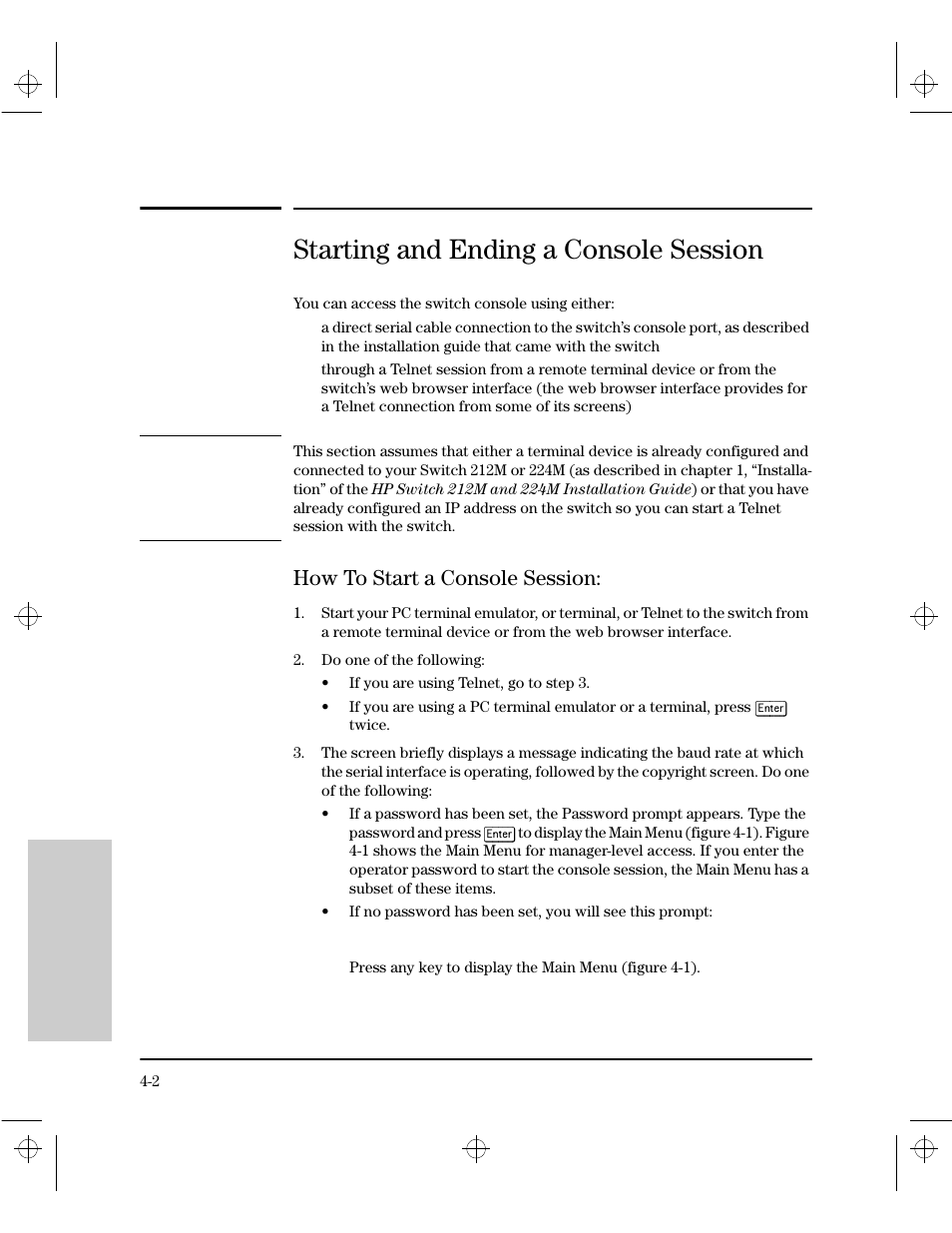 Starting and ending a console session, How to start a console session, How to start a console session: -2 | HP 212M User Manual | Page 48 / 166