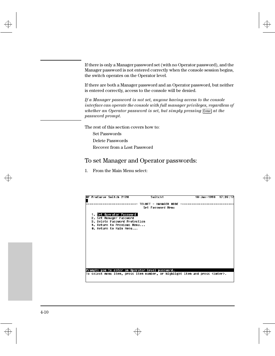 To set manager and operator passwords, To set manager and operator passwords: -10 | HP 212M User Manual | Page 56 / 166