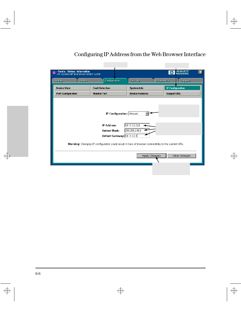 Configuring ip address from the web browser interf | HP 212M User Manual | Page 70 / 166