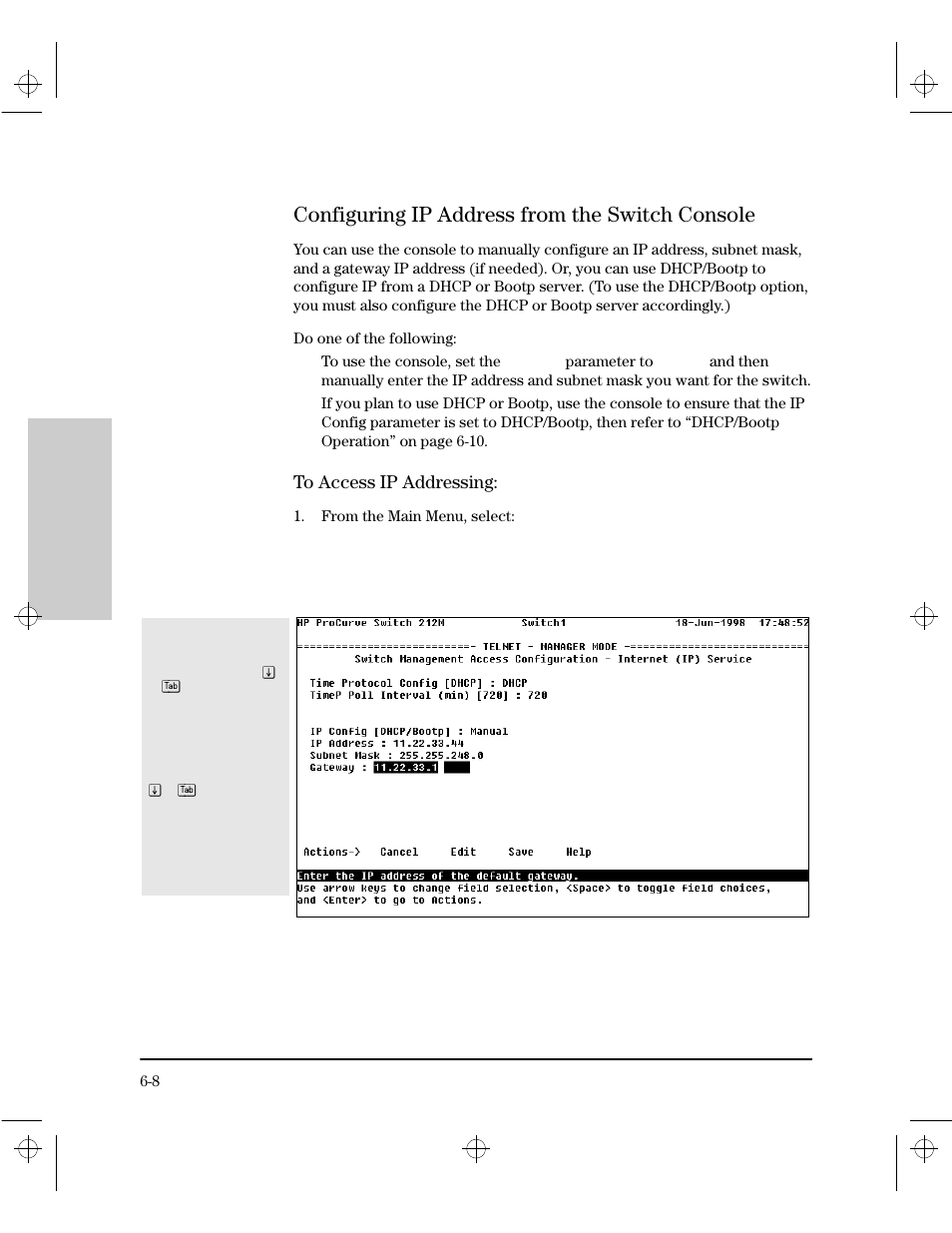 Configuring ip address from the switch console, To access ip addressing, Configuring ip address from the switch console -8 | HP 212M User Manual | Page 72 / 166