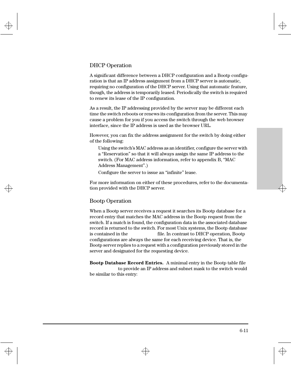 Dhcp operation, Bootp operation, Bootp database record entries | HP 212M User Manual | Page 75 / 166