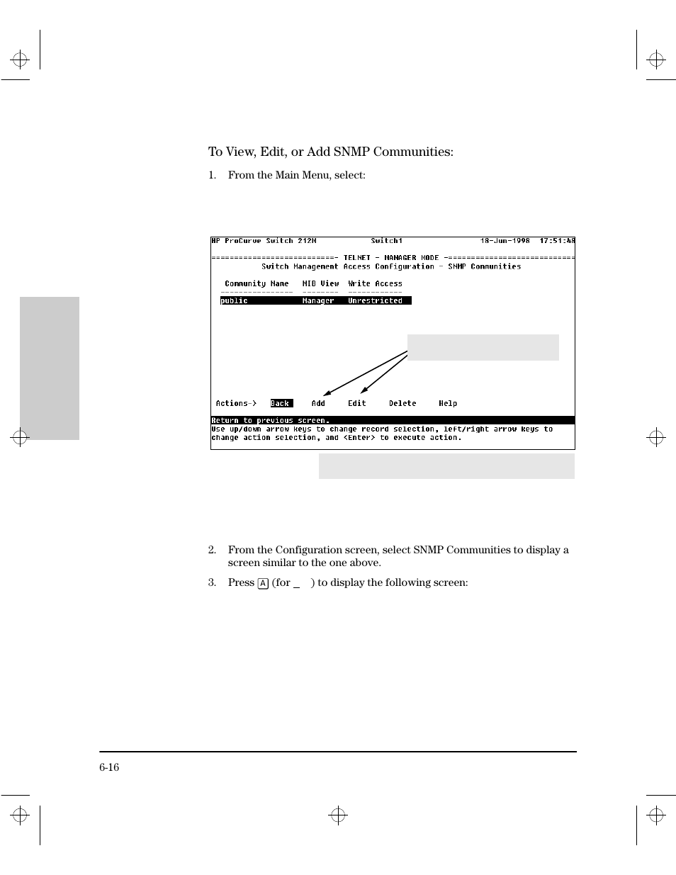 To view, edit, or add snmp communities | HP 212M User Manual | Page 80 / 166