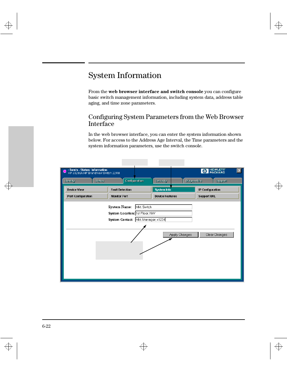 System information, Configuring system parameters from the web browser | HP 212M User Manual | Page 86 / 166