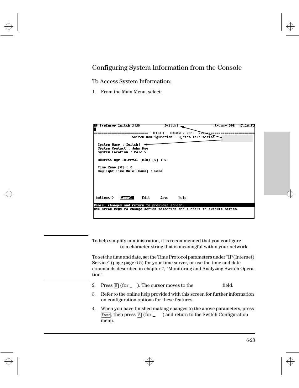 Configuring system information from the console, To access system information | HP 212M User Manual | Page 87 / 166
