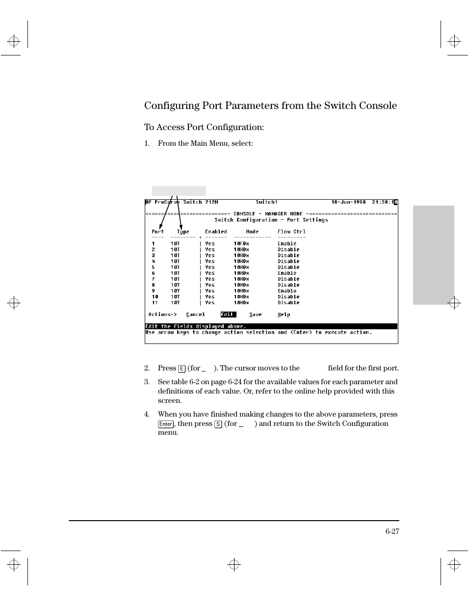 Configuring port parameters from the switch consol, To access port configuration | HP 212M User Manual | Page 91 / 166