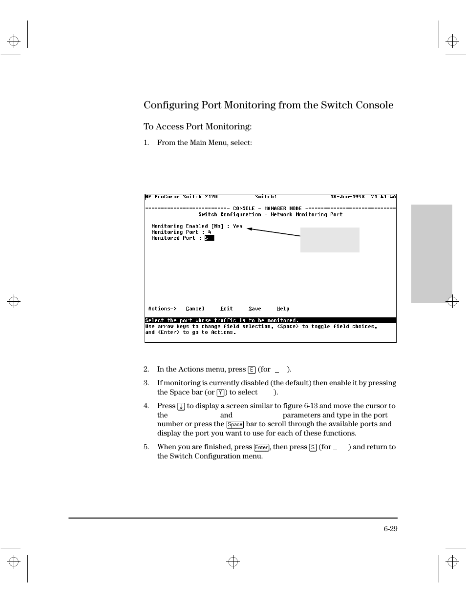 Configuring port monitoring from the switch consol, To access port monitoring | HP 212M User Manual | Page 93 / 166