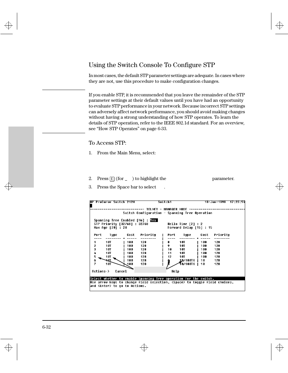 Using the switch console to configure stp, To access stp, Using the switch console to configure stp -32 | HP 212M User Manual | Page 96 / 166