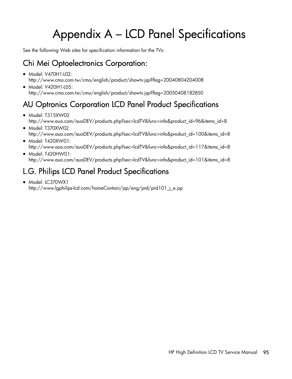 Appendix a – lcd panel specifications, Chi mei optoelectronics corporation, L.g. philips lcd panel product specifications | HP LT3200 User Manual | Page 100 / 101