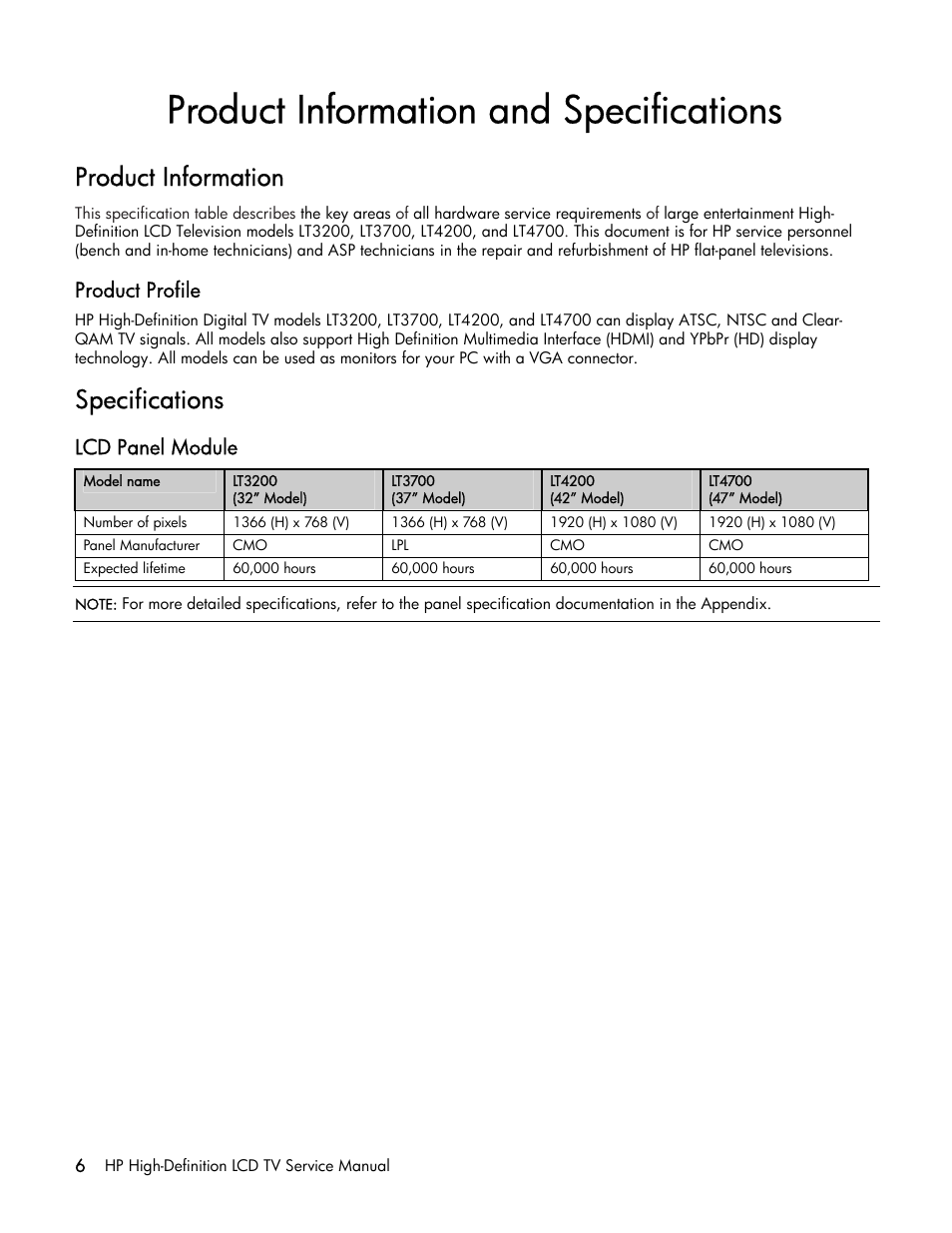 Product information and specifications, Product information, Specifications | Product profile, Lcd panel module | HP LT3200 User Manual | Page 11 / 101