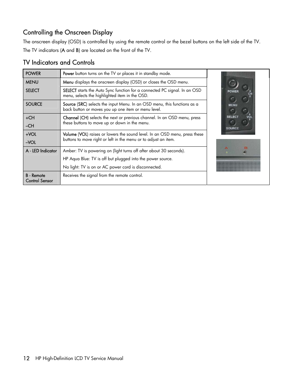 Controlling the onscreen display, Tv indicators and controls | HP LT3200 User Manual | Page 17 / 101