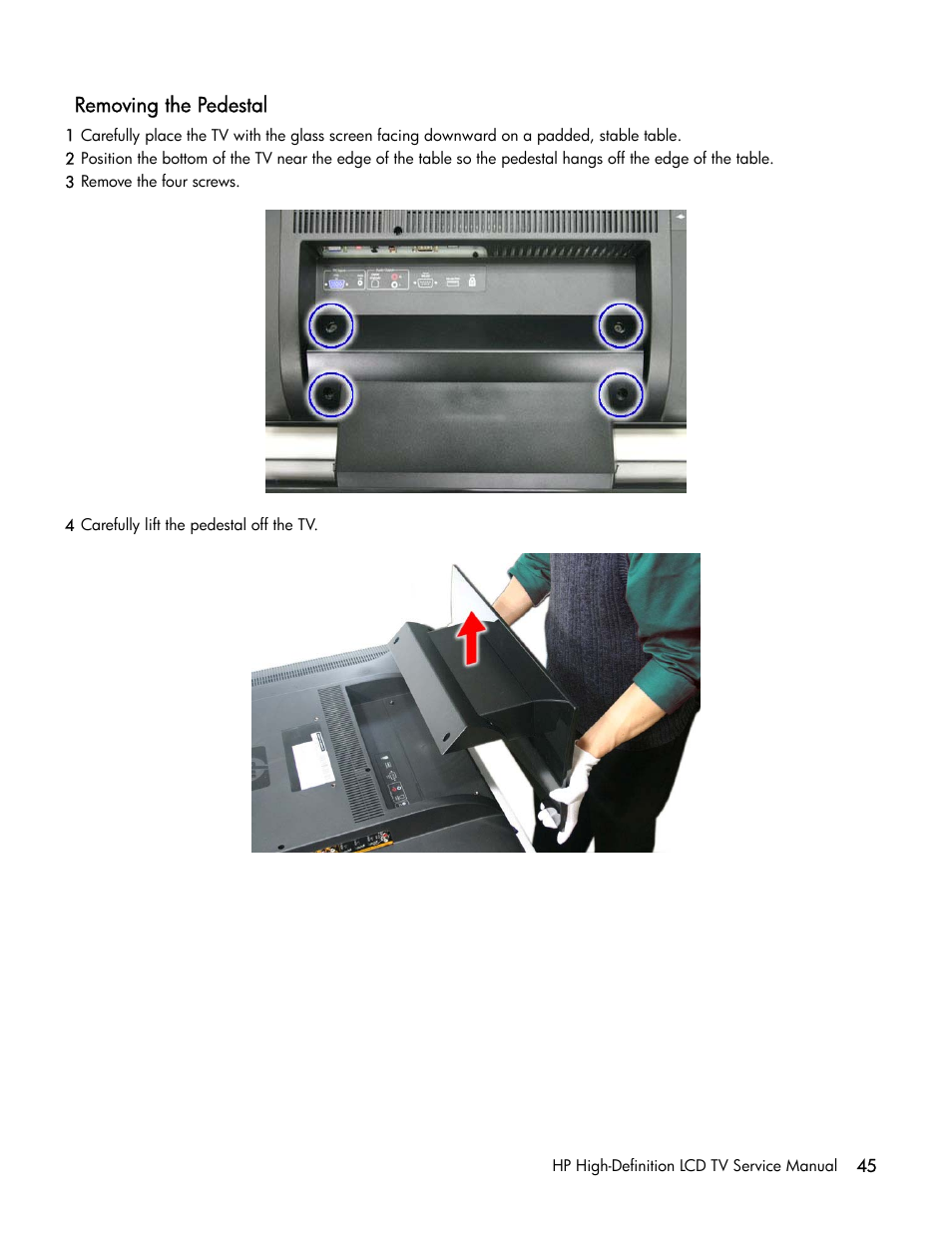 Removing the pedestal | HP LT3200 User Manual | Page 50 / 101