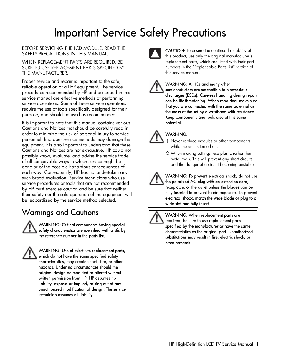 Important service safety precautions, Warnings and cautions | HP LT3200 User Manual | Page 6 / 101