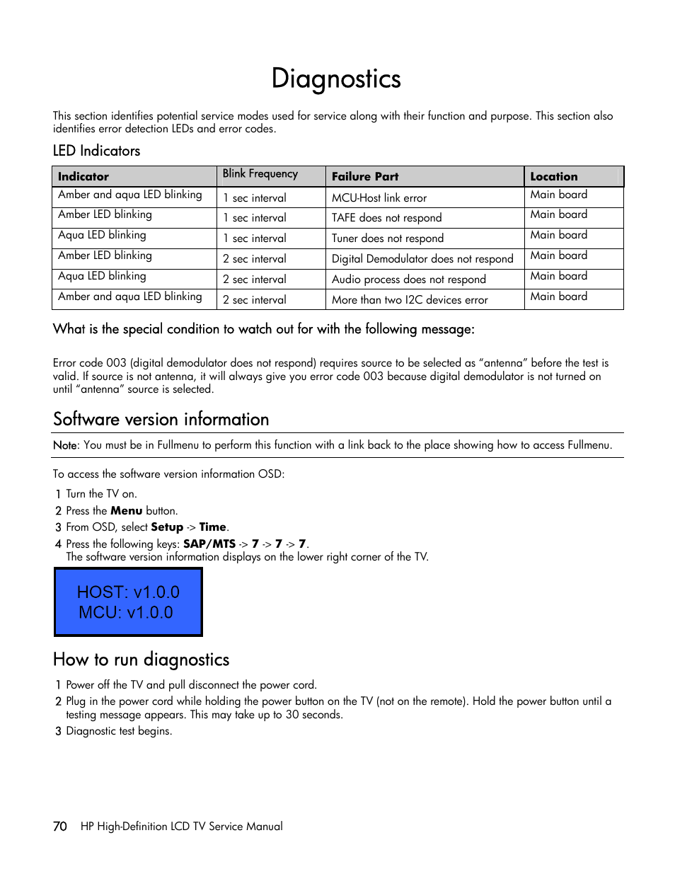 Diagnostics, Software version information, How to run diagnostics | Led indicators | HP LT3200 User Manual | Page 75 / 101