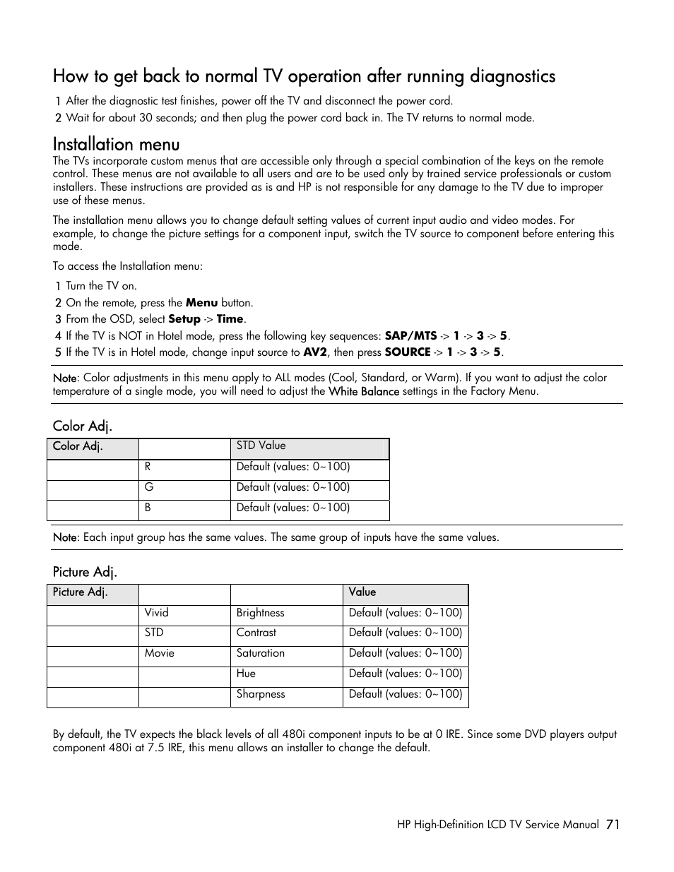 Installation menu | HP LT3200 User Manual | Page 76 / 101