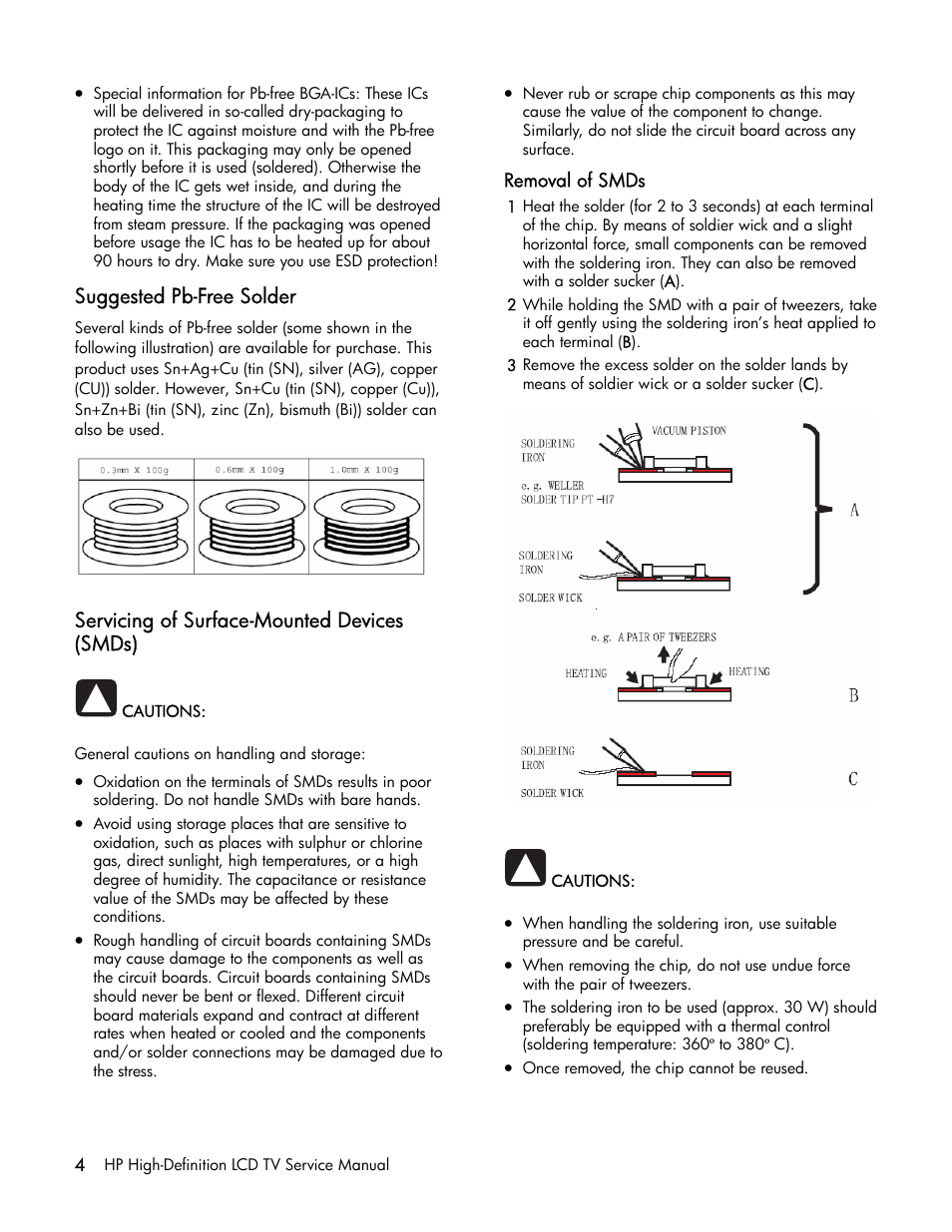 Suggested pb-free solder, Servicing of surface-mounted devices (smds) | HP LT3200 User Manual | Page 9 / 101