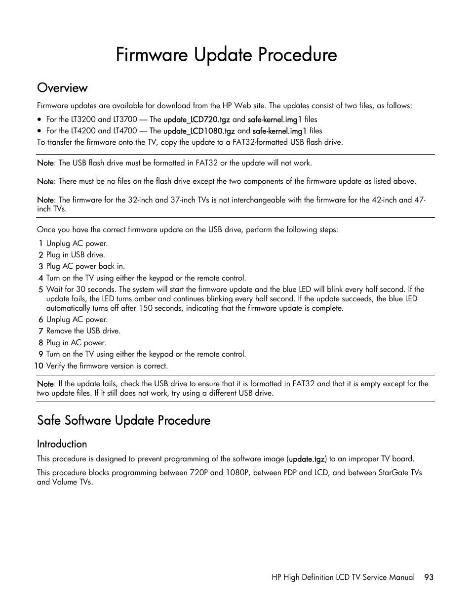 Firmware update procedure, Overview, Safe software update procedure | HP LT3200 User Manual | Page 98 / 101