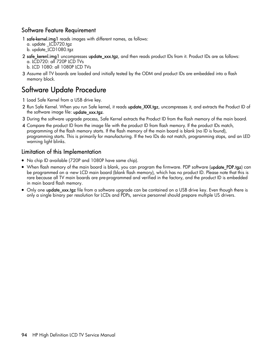 Software update procedure, Software feature requirement, Limitation of this implementation | HP LT3200 User Manual | Page 99 / 101
