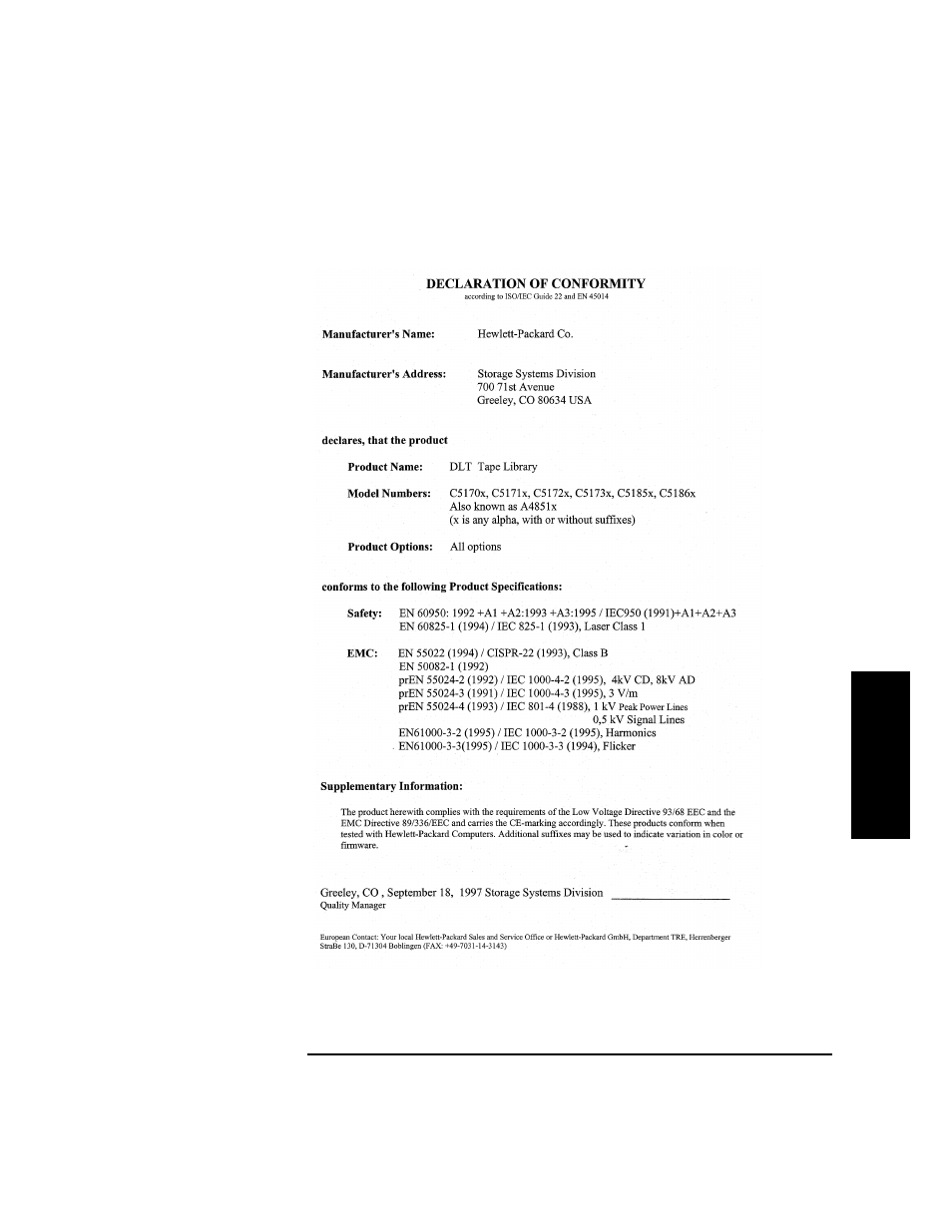 Declaration of conformity | HP SureStore 4215w User Manual | Page 113 / 136
