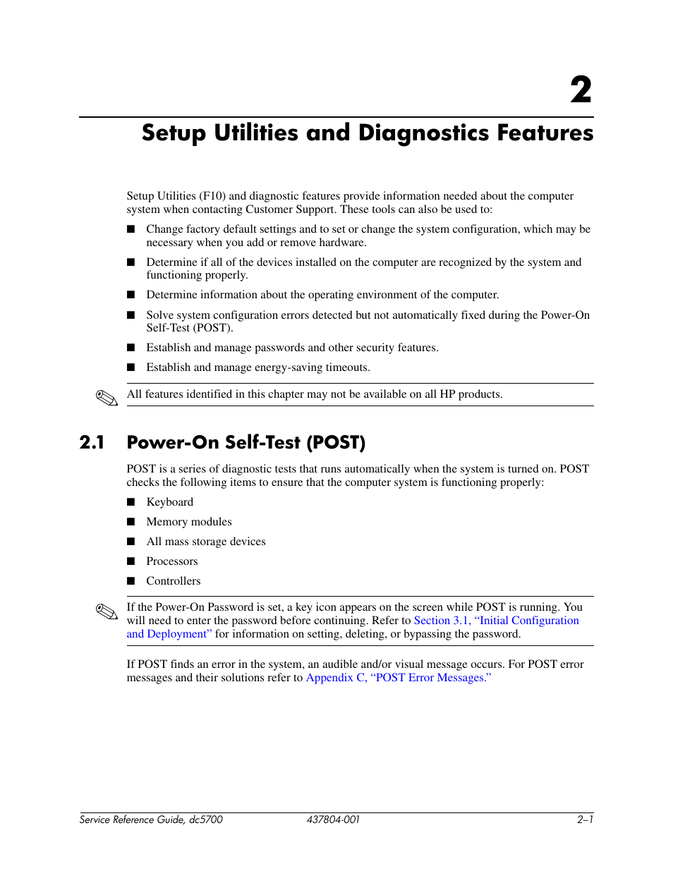 Setup utilities and diagnostic features, Setup utilities and diagnostics features, 1 power-on self-test (post) | HP dc5700 User Manual | Page 11 / 216