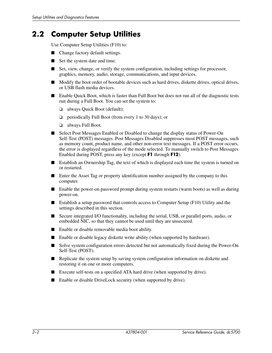 2 computer setup utilities | HP dc5700 User Manual | Page 12 / 216