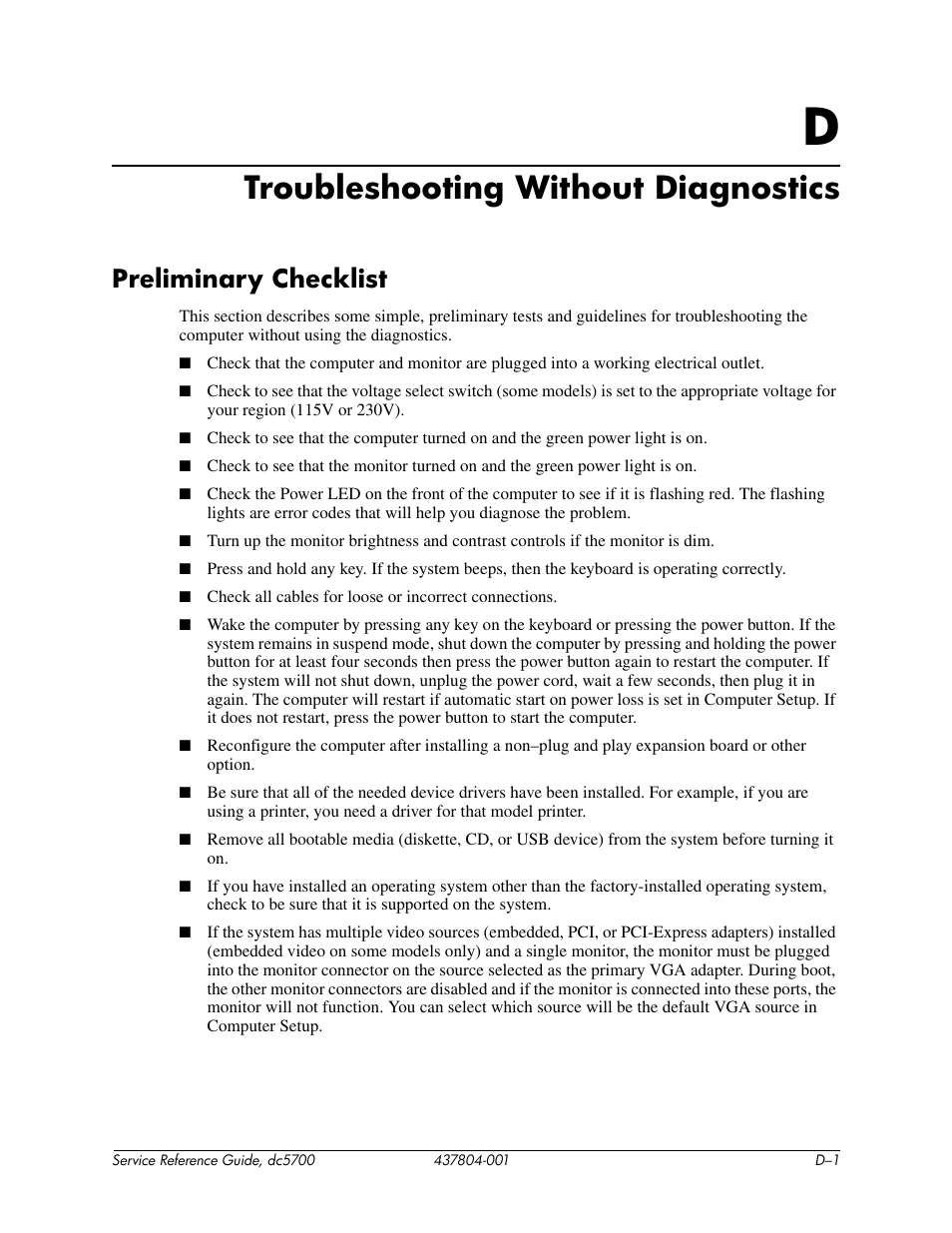 Troubleshooting without diagnostics, Preliminary checklist | HP dc5700 User Manual | Page 165 / 216