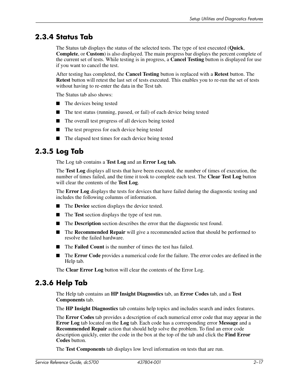 4 status tab, 5 log tab, 6 help tab | HP dc5700 User Manual | Page 27 / 216