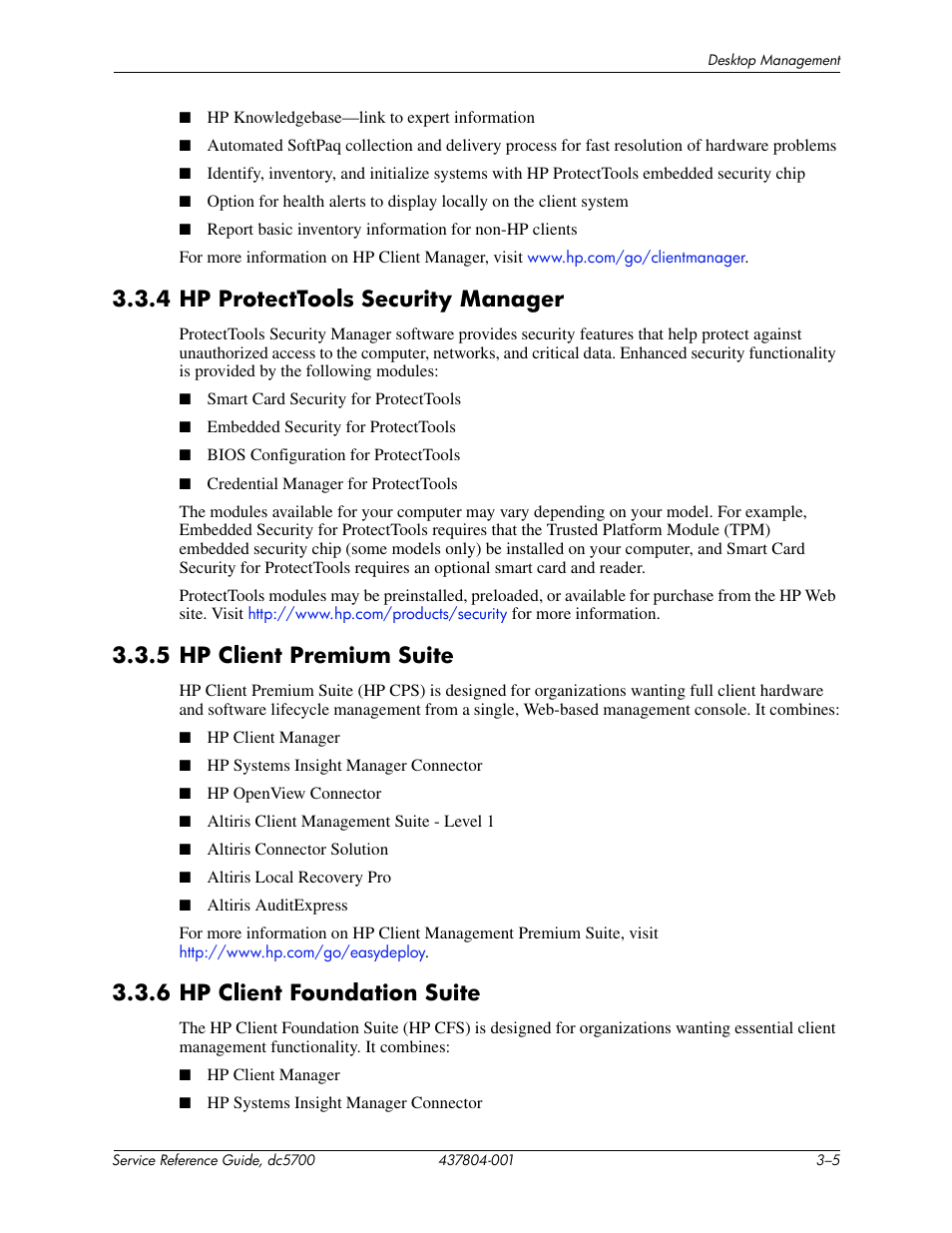 4 hp protecttools security manager, 5 hp client premium suite, 6 hp client foundation suite | HP dc5700 User Manual | Page 33 / 216
