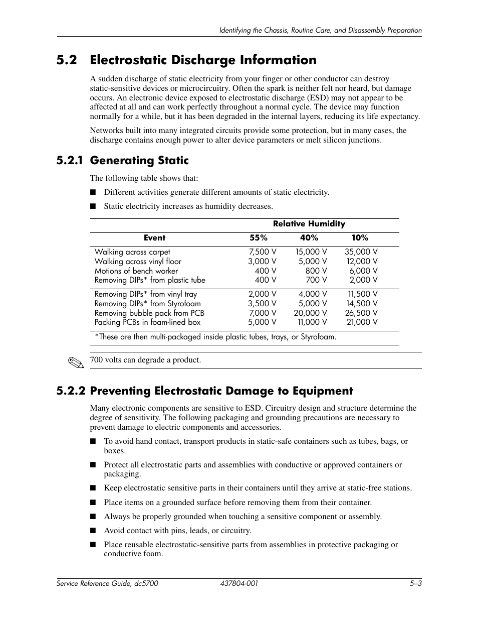 2 electrostatic discharge information, 1 generating static, 2 preventing electrostatic damage to equipment | HP dc5700 User Manual | Page 59 / 216