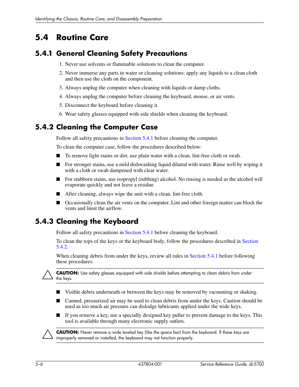 4 routine care, 1 general cleaning safety precautions, 2 cleaning the computer case | 3 cleaning the keyboard | HP dc5700 User Manual | Page 62 / 216