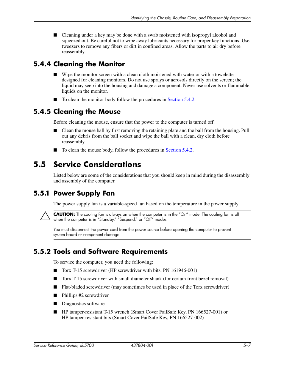 5 service considerations, 4 cleaning the monitor, 5 cleaning the mouse | 1 power supply fan, 2 tools and software requirements | HP dc5700 User Manual | Page 63 / 216