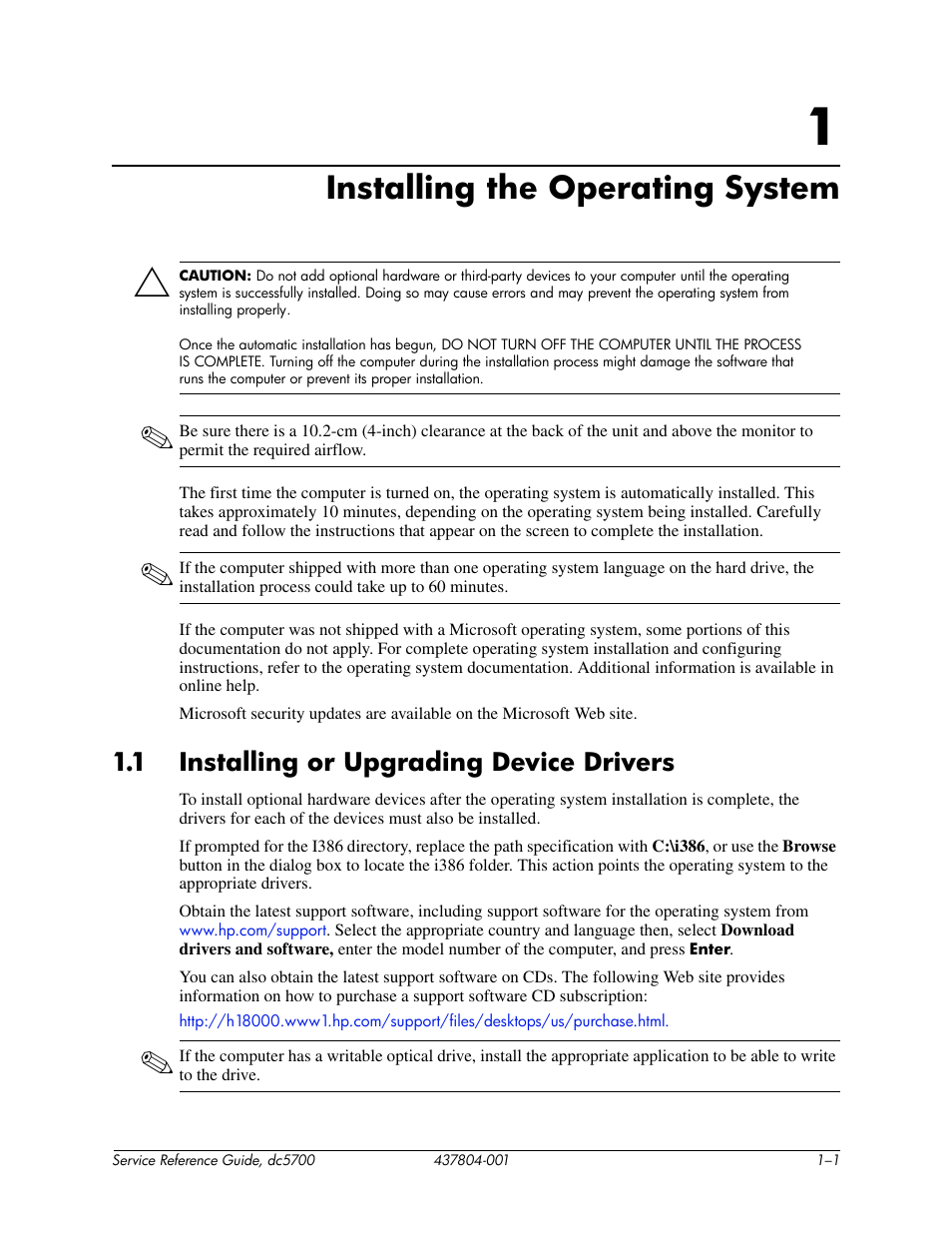 Installing the operating system, 1 installing or upgrading device drivers | HP dc5700 User Manual | Page 9 / 216