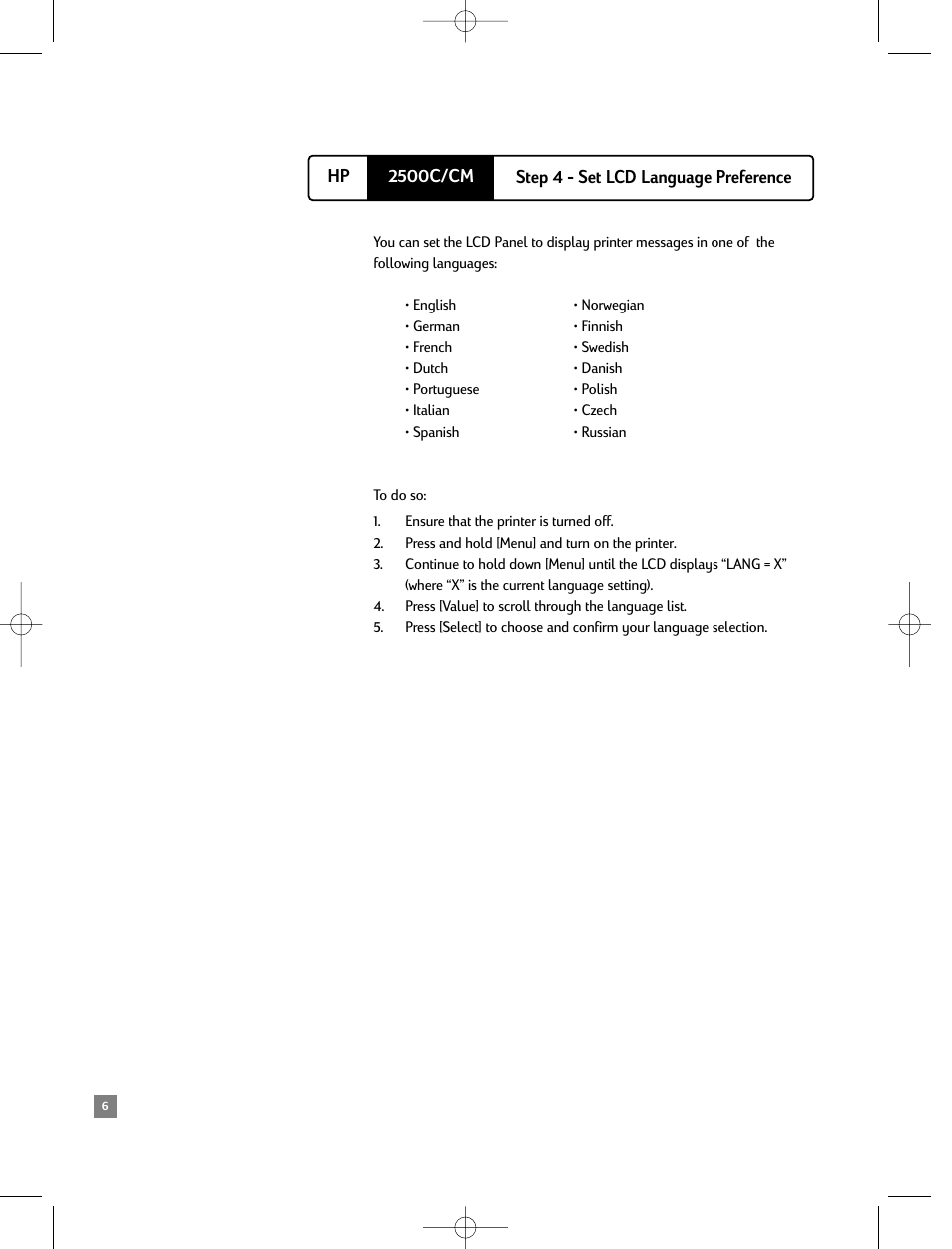 Step 4 - set lcd language preference | HP 2500C/CM User Manual | Page 10 / 65