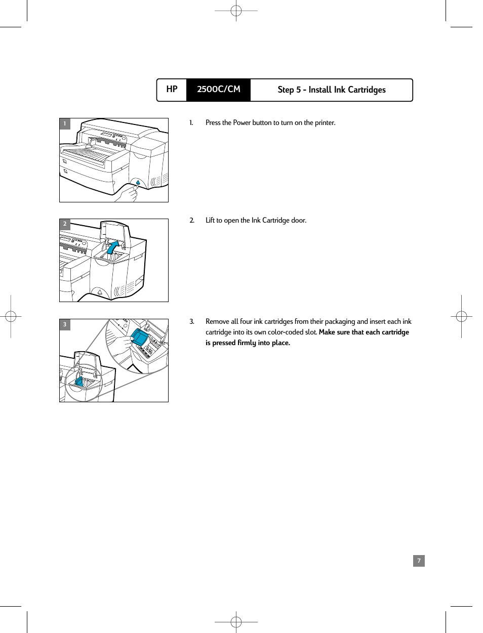 Step 5 - install ink cartridges | HP 2500C/CM User Manual | Page 11 / 65