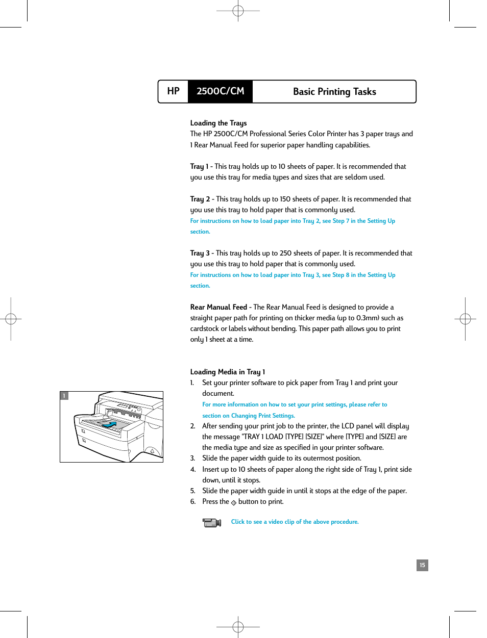 Basic printing tasks, Loading the trays, Loading media in tray 1 | 2500c/cm hp basic printing tasks | HP 2500C/CM User Manual | Page 19 / 65