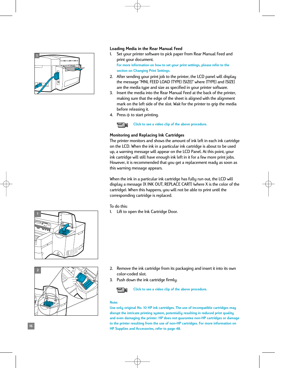 Loading media in the rear manual feed, Monitoring and replacing ink cartridges | HP 2500C/CM User Manual | Page 20 / 65