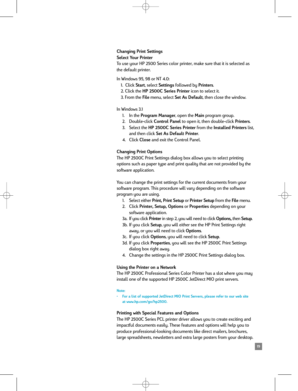 Changing print settings, Changing print options, Using the printer on a network | Printing with special features and options, Section on changing print settings | HP 2500C/CM User Manual | Page 23 / 65