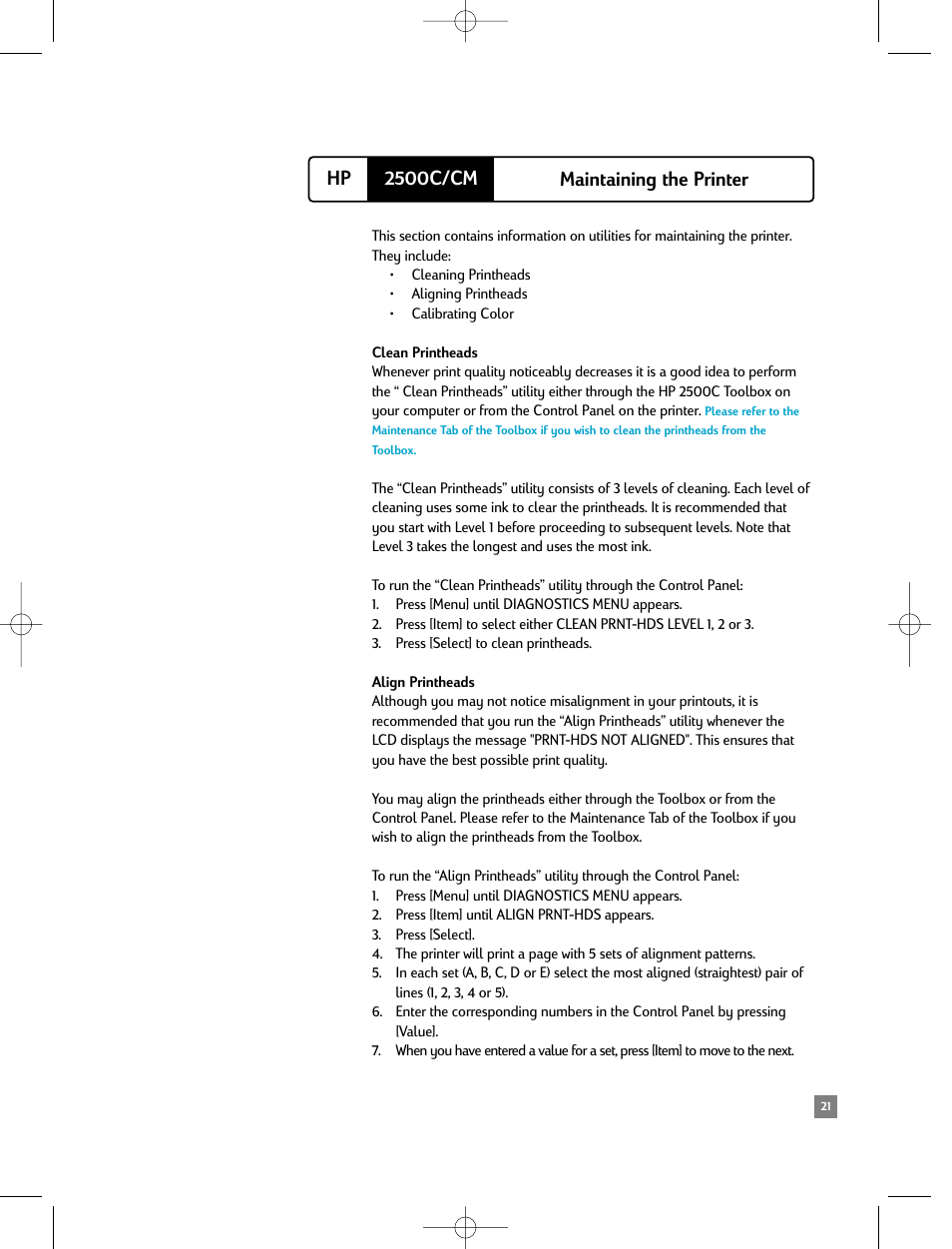 Maintaining the printer, Clean printheads, Align printheads | 2500c/cm hp maintaining the printer | HP 2500C/CM User Manual | Page 25 / 65