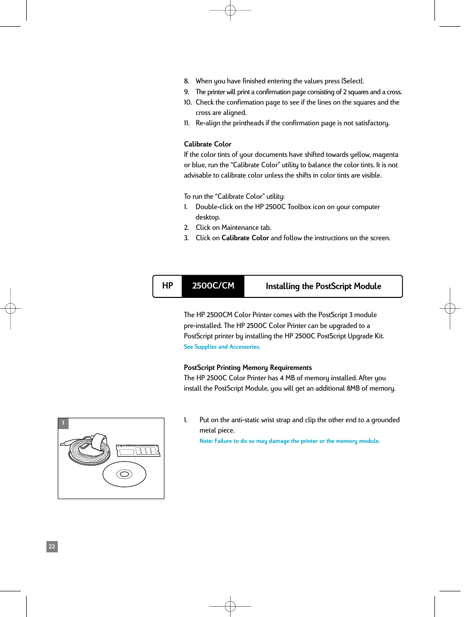 Calibrate color, Installing the postscript module, 2500c/cm hp installing the postscript module | HP 2500C/CM User Manual | Page 26 / 65