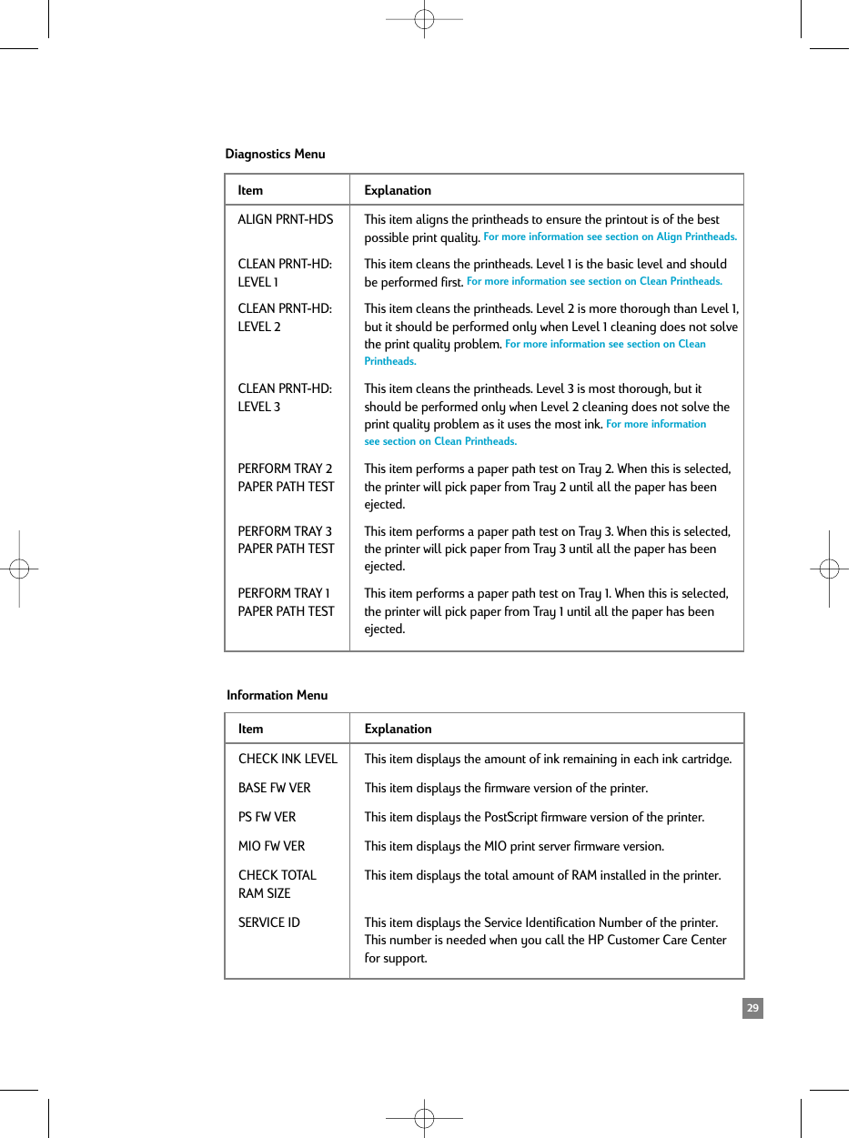 Diagnostics menu, Information menu | HP 2500C/CM User Manual | Page 33 / 65