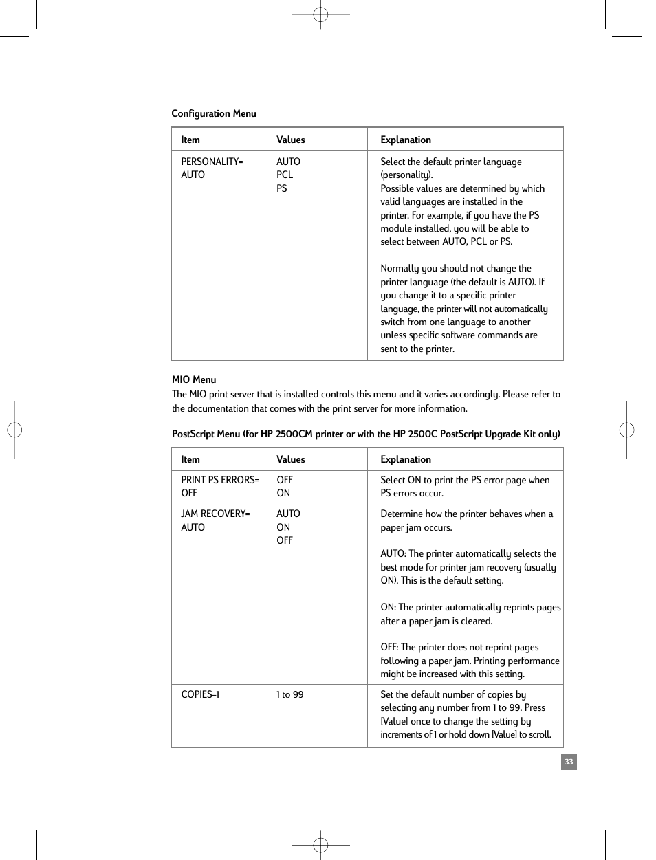 Configuration menu, Mio menu, Postscript menu | HP 2500C/CM User Manual | Page 37 / 65