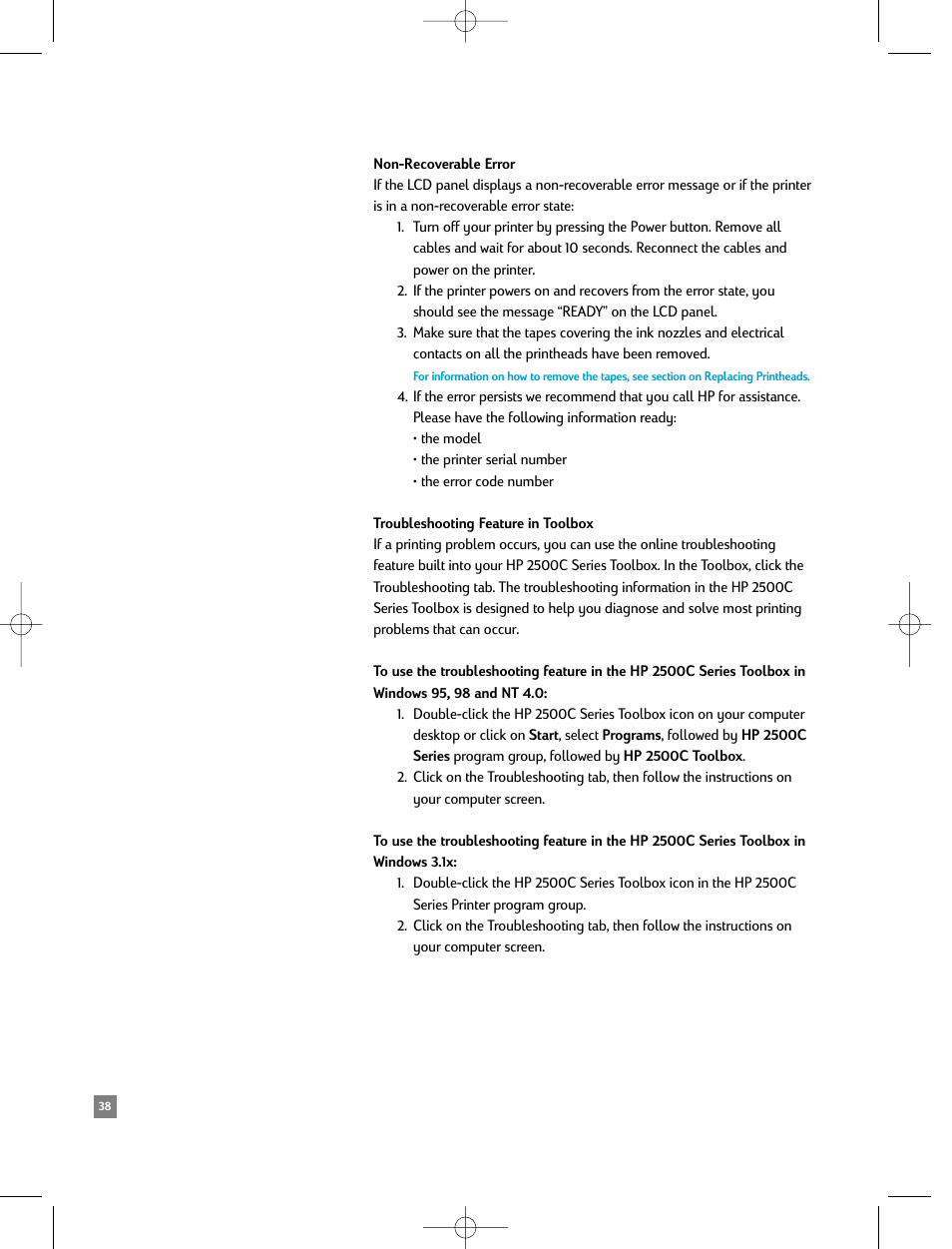 Non-recoverable error, Troubleshooting feature in toolbox | HP 2500C/CM User Manual | Page 42 / 65