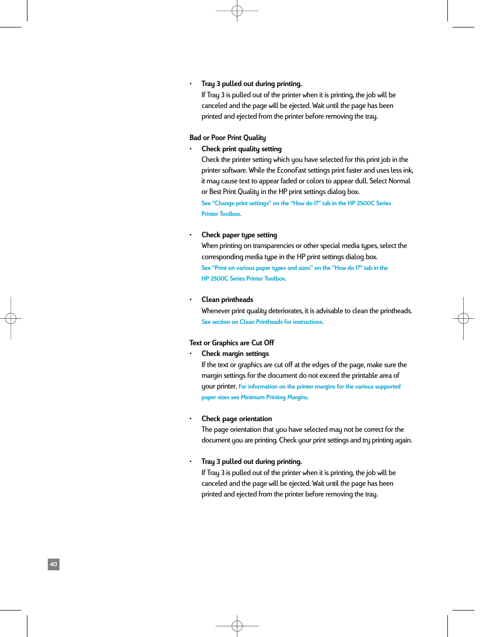 Bad or poor print quality, Text or graphics are cut off | HP 2500C/CM User Manual | Page 44 / 65