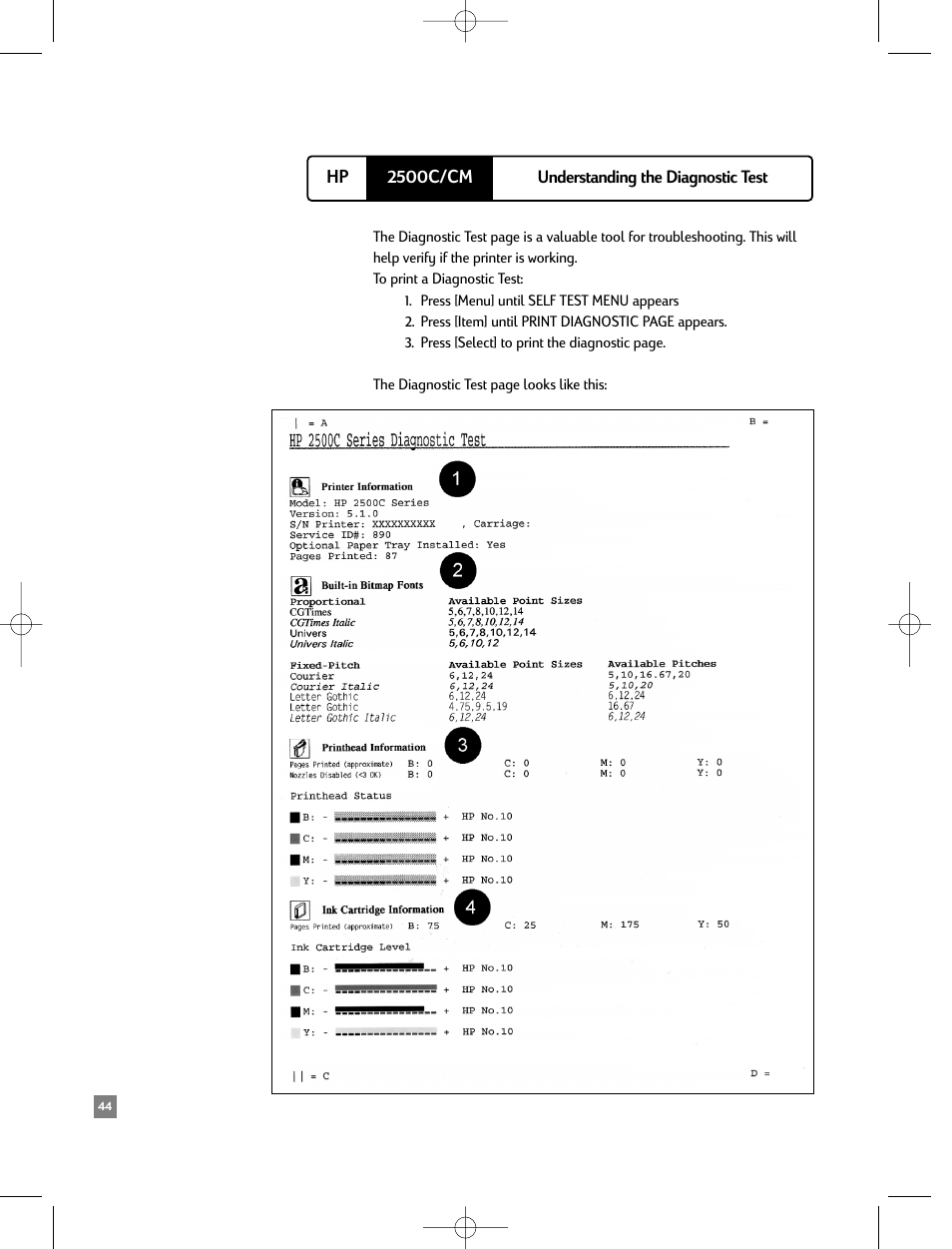 Understanding the diagnostic test | HP 2500C/CM User Manual | Page 48 / 65