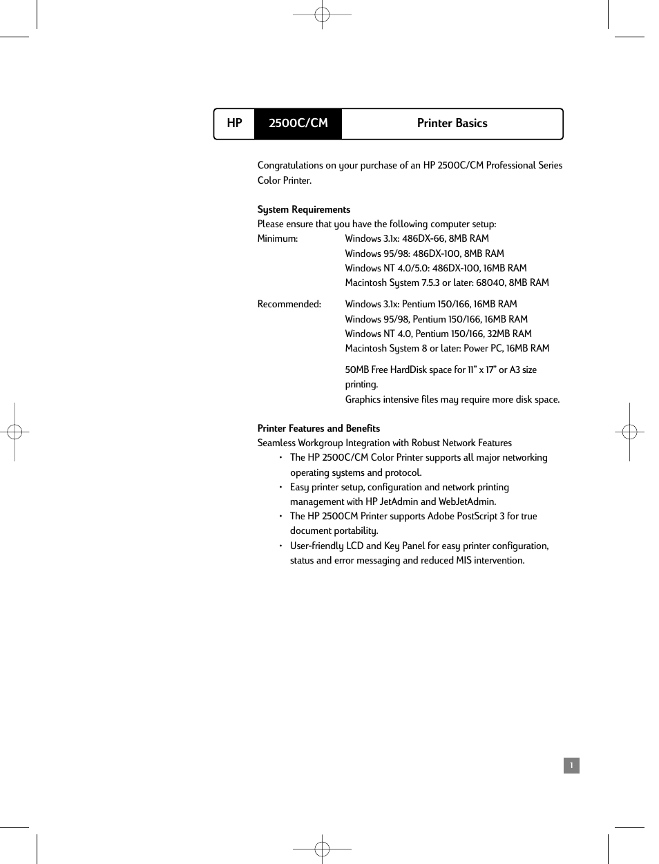 Printer basics, System requirements, Printer features and benefits | 2500c/cm hp printer basics | HP 2500C/CM User Manual | Page 5 / 65