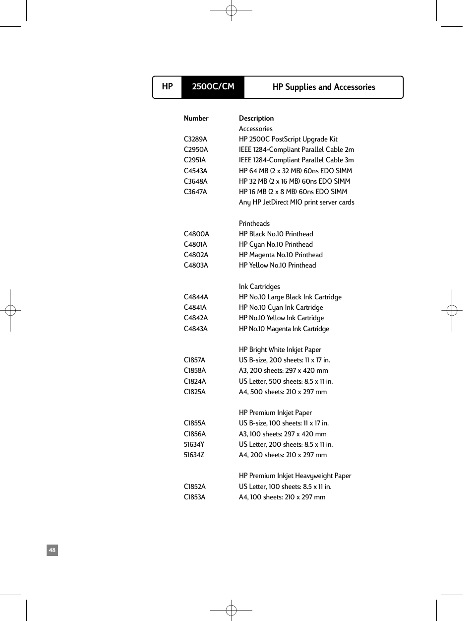 Hp supplies and accessories, 2500c/cm hp hp supplies and accessories | HP 2500C/CM User Manual | Page 52 / 65