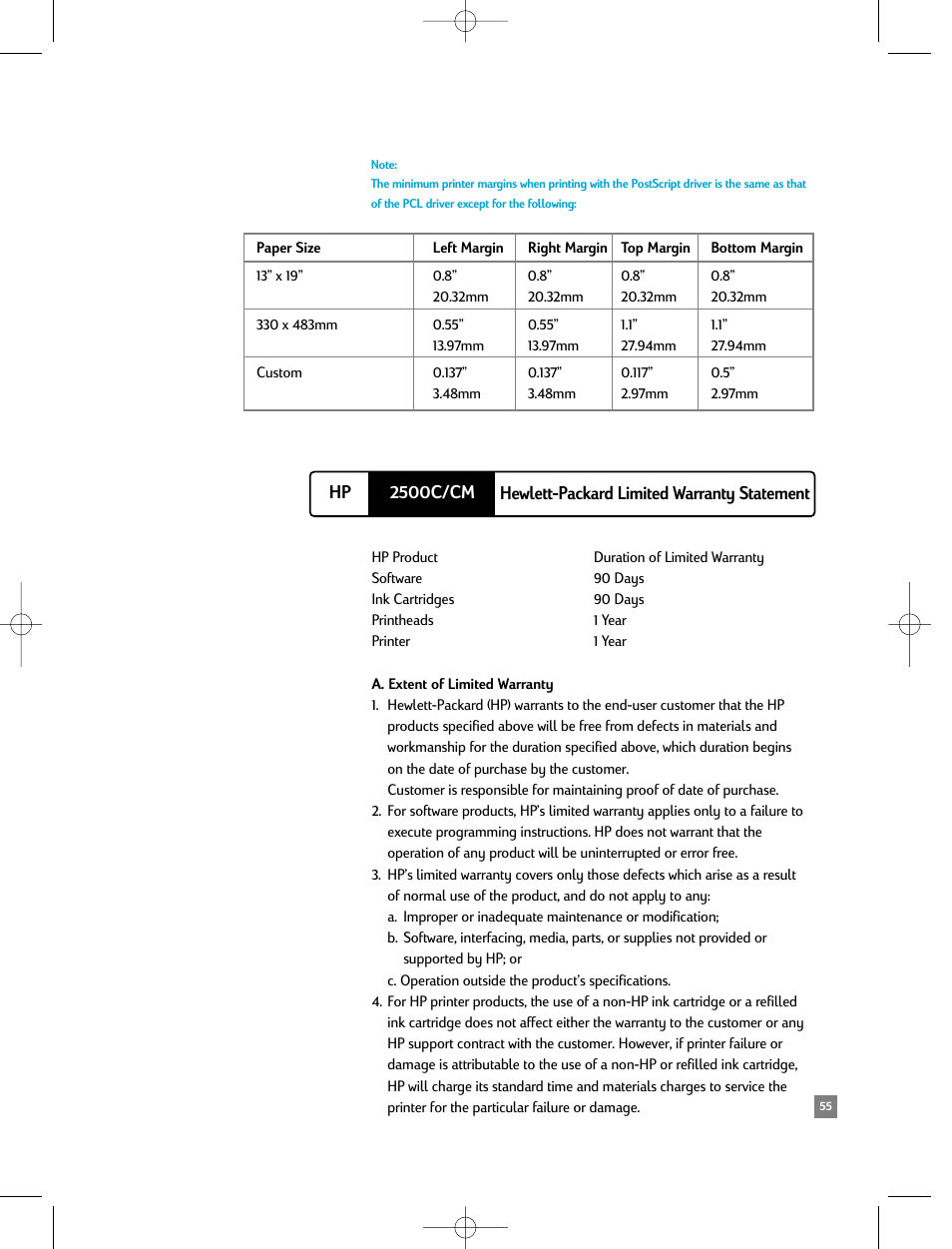 Hewlett-packard limited warranty statement | HP 2500C/CM User Manual | Page 59 / 65