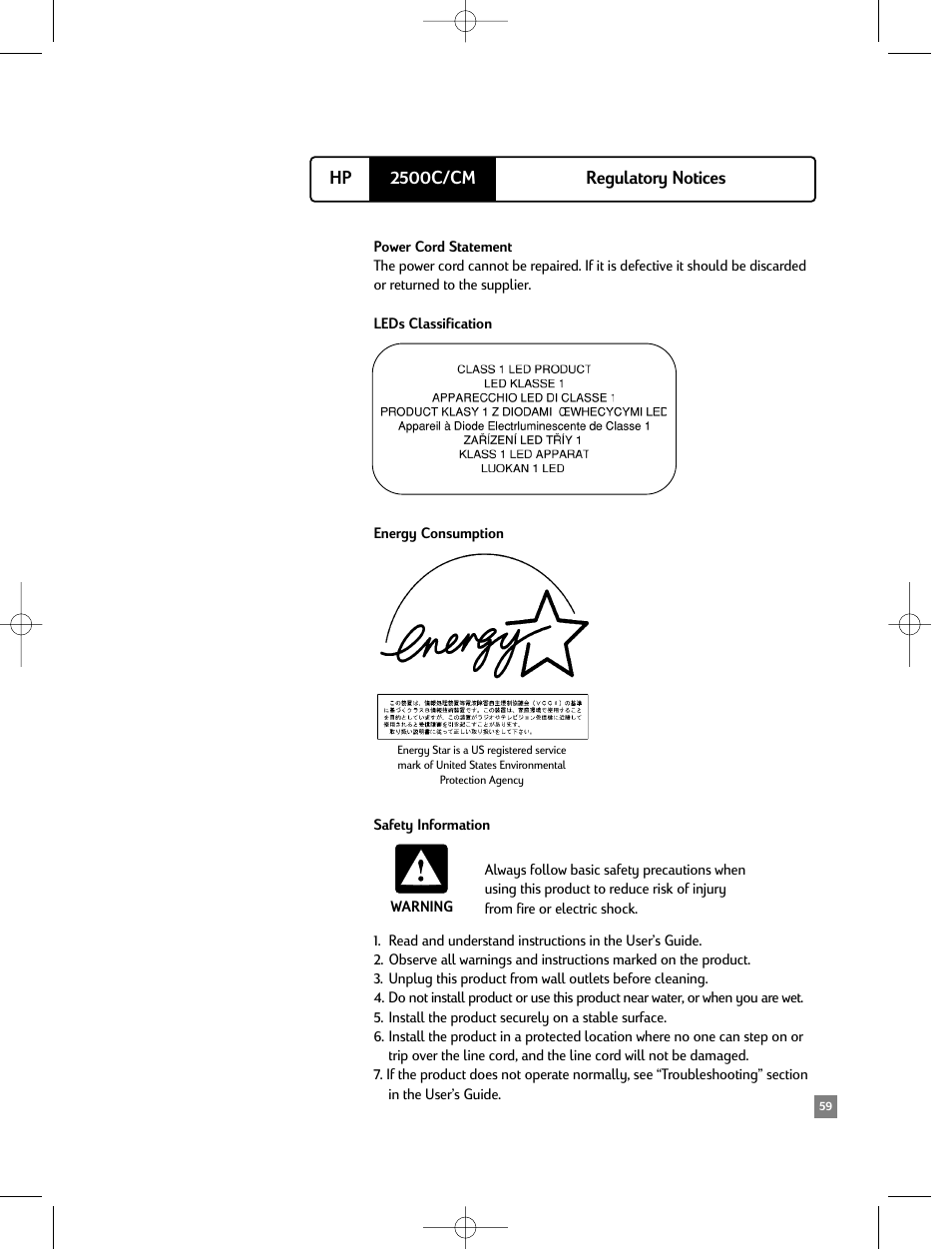 Regulatory notices, 2500c/cm hp regulatory notices | HP 2500C/CM User Manual | Page 63 / 65