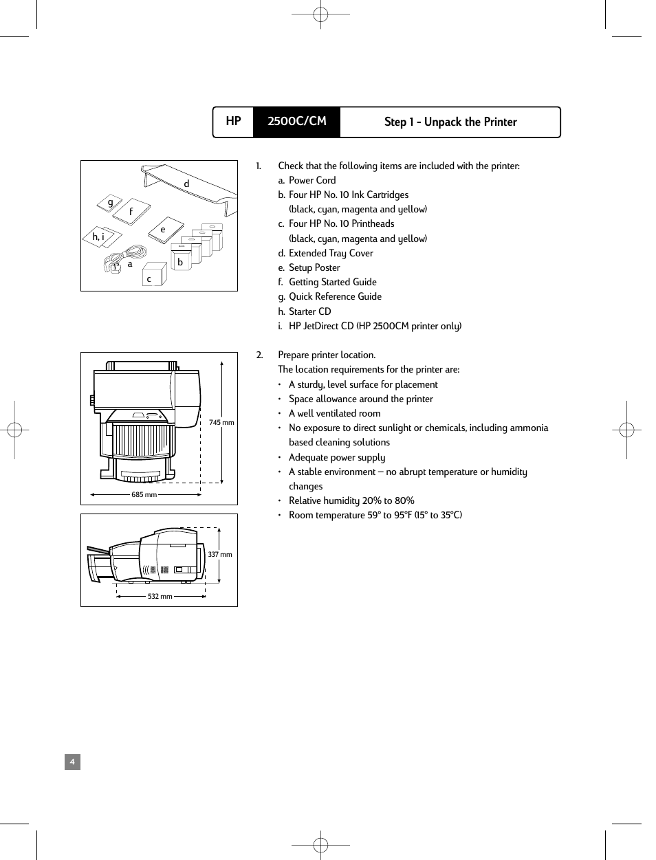 Setting up, Step 1 - unpack the printer | HP 2500C/CM User Manual | Page 8 / 65