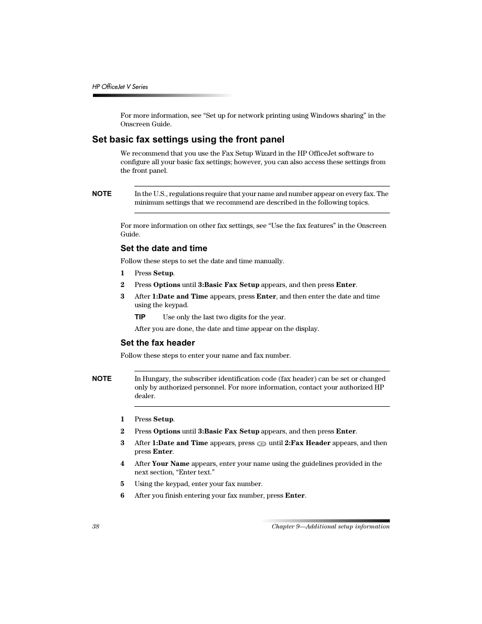 6hw edvlf id[ vhwwlqjv xvlqj wkh iurqw sdqho, 6hw wkh gdwh dqg wlph, 6hw wkh id[ khdghu | HP V Series User Manual | Page 42 / 56